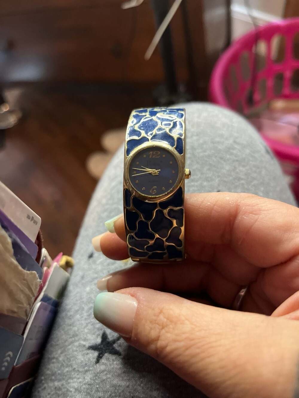 Vivani Gold Tone Blue Enameled Leopard Print Hinged Cuff Watch